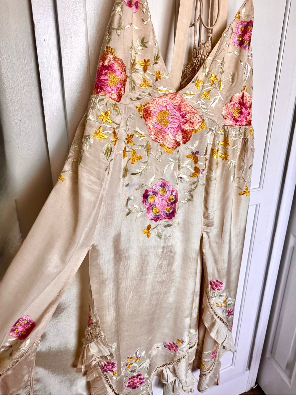 Free People Cream Floral Embroidered V-Neck Slip Dress - Picture 15 of 16